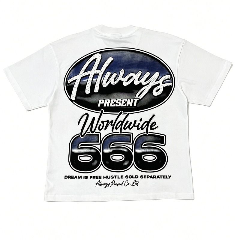 编号203    批55   ALWAYS-PRESENT  Champion T-Shirt 2026美国洛杉矶最新街头潮牌印花烫钻短袖T恤 码数：S  M  L  XL