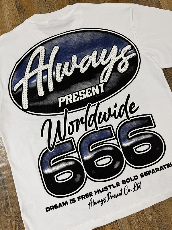 编号203    批55   ALWAYS-PRESENT  Champion T-Shirt 2026美国洛杉矶最新街头潮牌印花烫钻短袖T恤 码数：S  M  L  XL