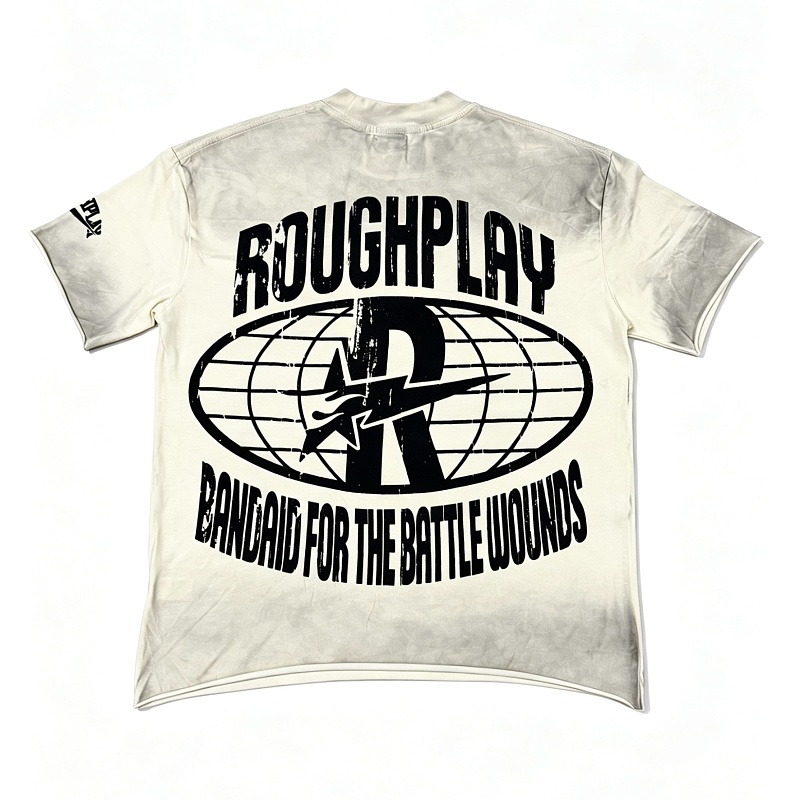 编号517    批70  RoughPlay Champion T-Shirt 2026美国洛杉矶最新街头潮牌白墨直喷烫钻洗水做旧短袖T恤 码数：S  M  L  XL