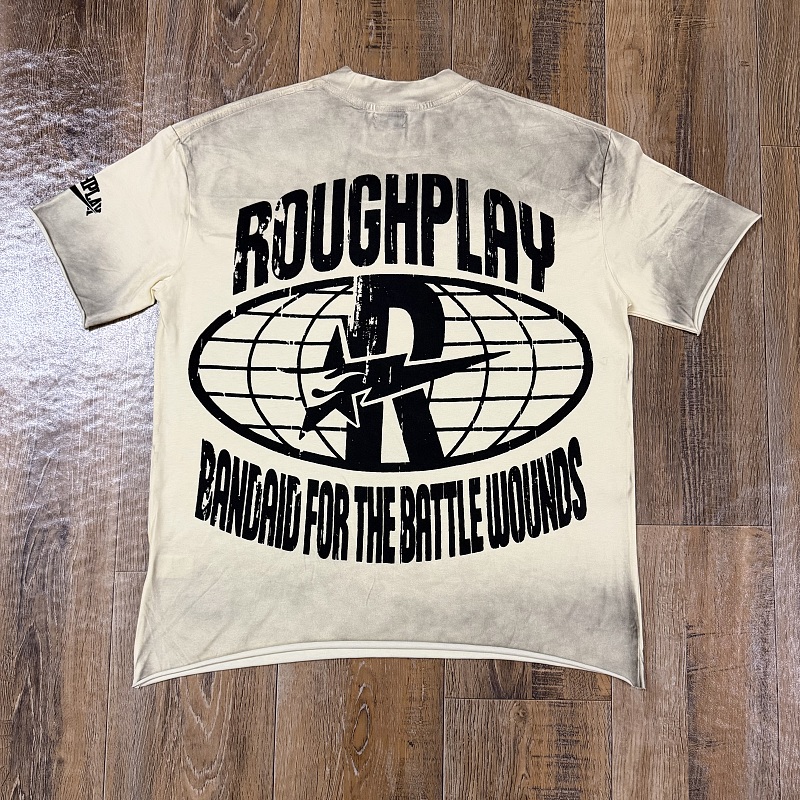 编号517    批70  RoughPlay Champion T-Shirt 2026美国洛杉矶最新街头潮牌白墨直喷烫钻洗水做旧短袖T恤 码数：S  M  L  XL