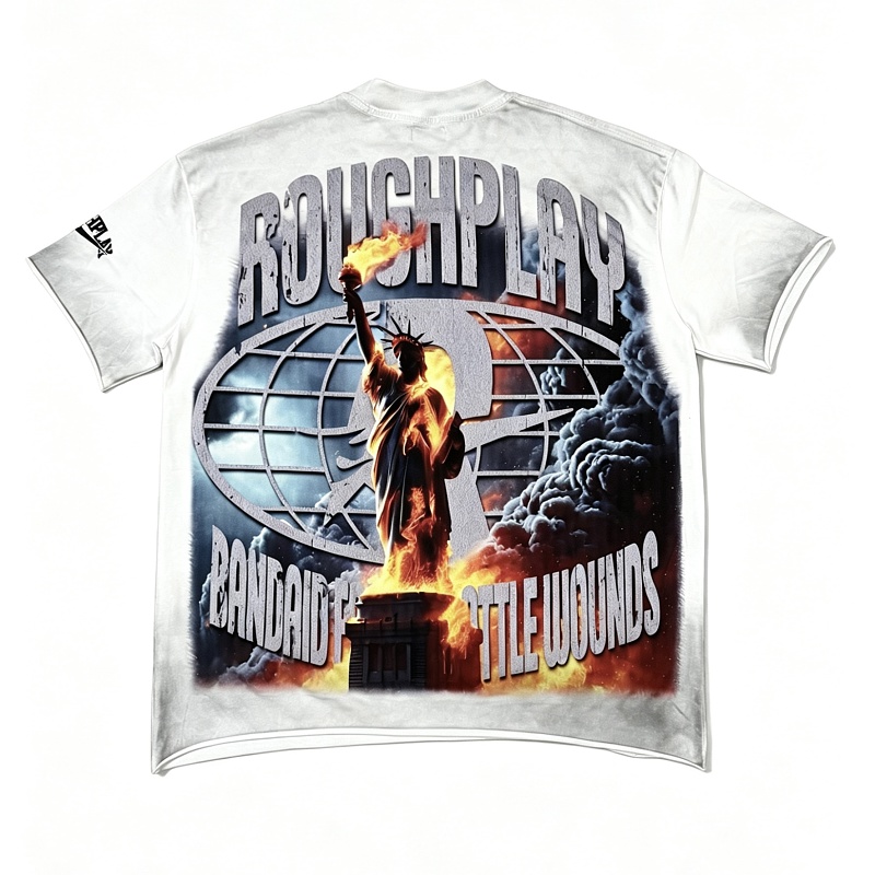编号516    批72   RoughPlay Champion T-Shirt 2026美国洛杉矶最新街头潮牌白墨直喷烫钻洗水做旧短袖T恤 码数：S  M  L  XL