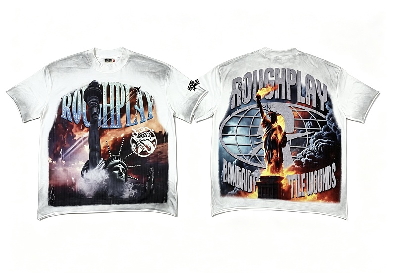 编号516    批72   RoughPlay Champion T-Shirt 2026美国洛杉矶最新街头潮牌白墨直喷烫钻洗水做旧短袖T恤 码数：S  M  L  XL