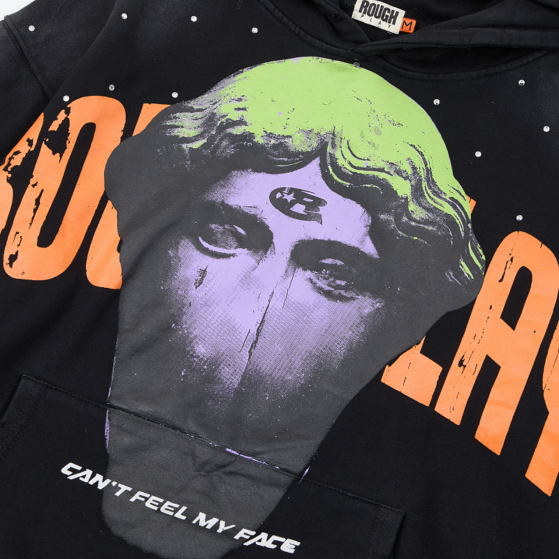 R129# P123 RoughPlay Can't Feel My Face Hoodie2026最新潮牌烫钻纯棉帽衫卫衣