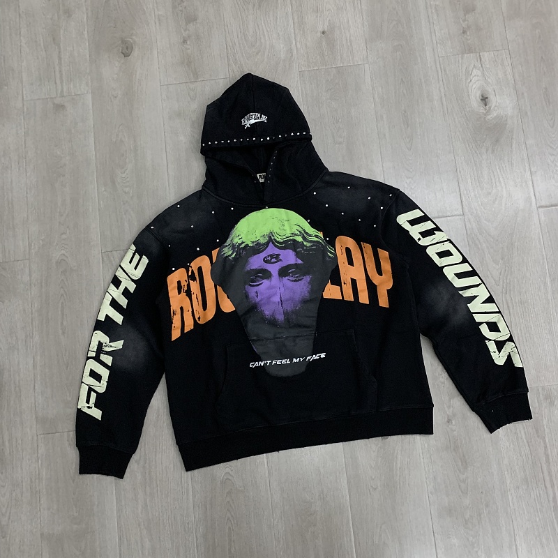 R129# P123 RoughPlay Can't Feel My Face Hoodie2026最新潮牌烫钻纯棉帽衫卫衣