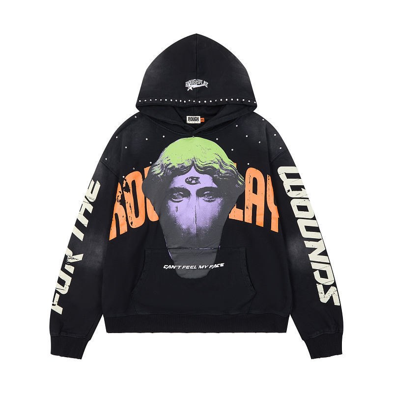 R129# P123 RoughPlay Can't Feel My Face Hoodie2026最新潮牌烫钻纯棉帽衫卫衣