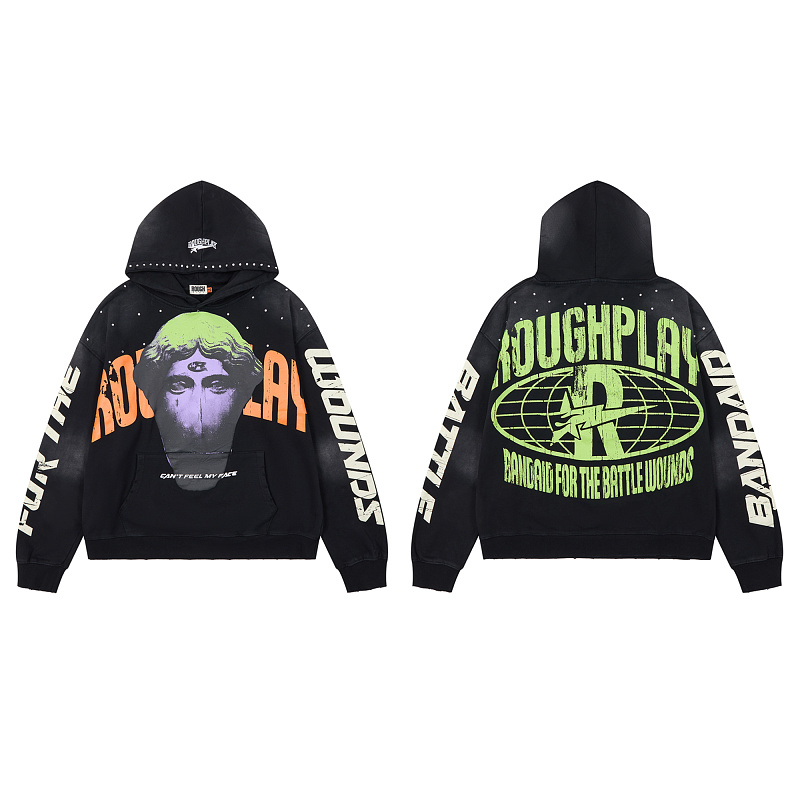 R129# P123 RoughPlay Can't Feel My Face Hoodie2026最新潮牌烫钻纯棉帽衫卫衣