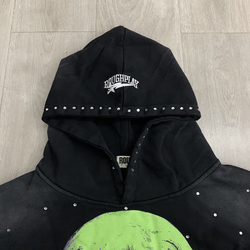 R129# P123 RoughPlay Can't Feel My Face Hoodie2026最新潮牌烫钻纯棉帽衫卫衣