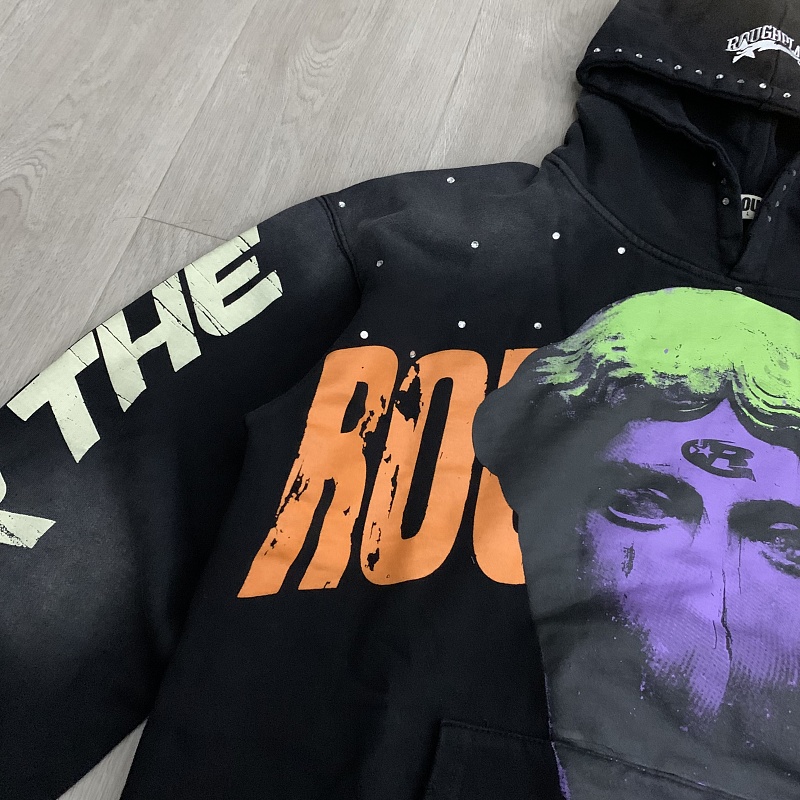 R129# P123 RoughPlay Can't Feel My Face Hoodie2026最新潮牌烫钻纯棉帽衫卫衣
