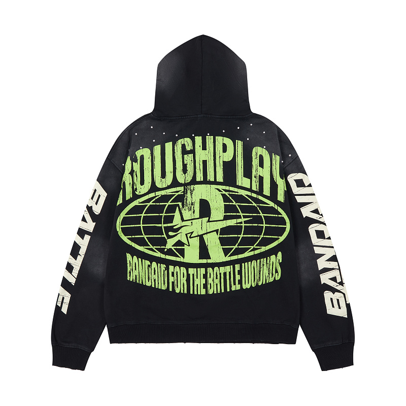 R129# P123 RoughPlay Can't Feel My Face Hoodie2026最新潮牌烫钻纯棉帽衫卫衣