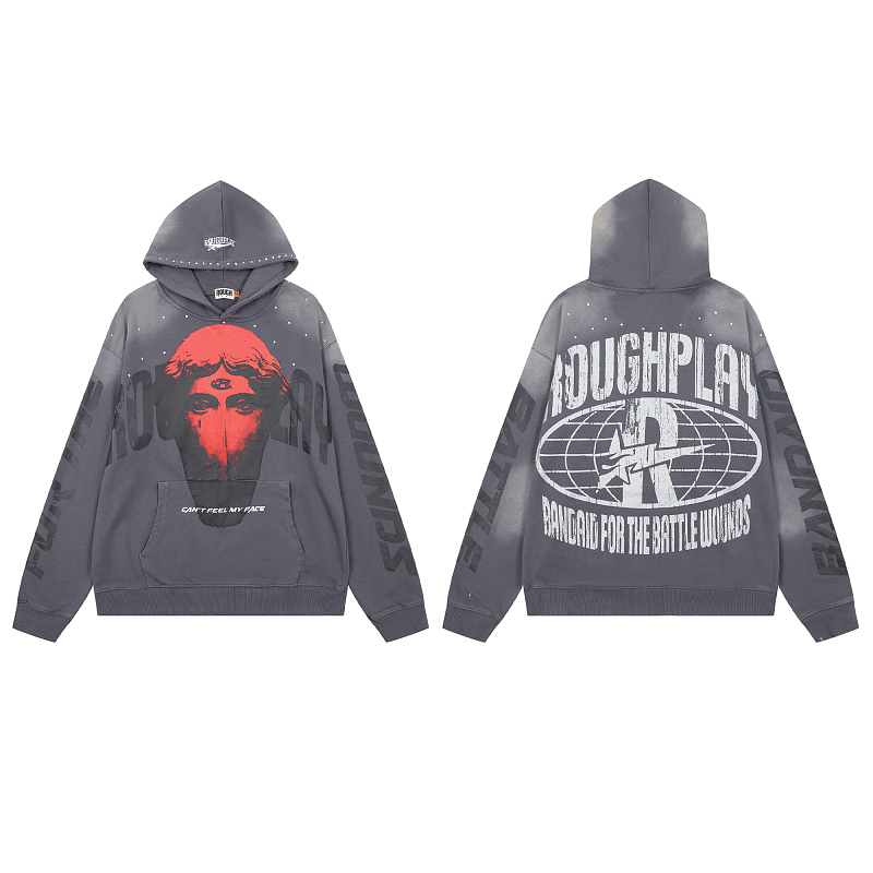 R128# P123 RoughPlay Can't Feel My Face Hoodie2026最新潮牌烫钻纯棉帽衫卫衣