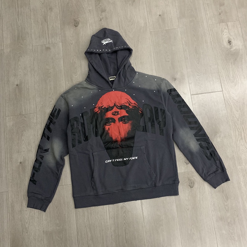 R128# P123 RoughPlay Can't Feel My Face Hoodie2026最新潮牌烫钻纯棉帽衫卫衣