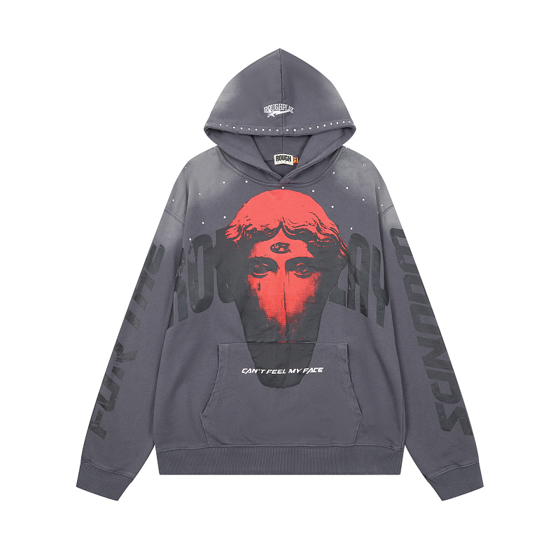 R128# P123 RoughPlay Can't Feel My Face Hoodie2026最新潮牌烫钻纯棉帽衫卫衣