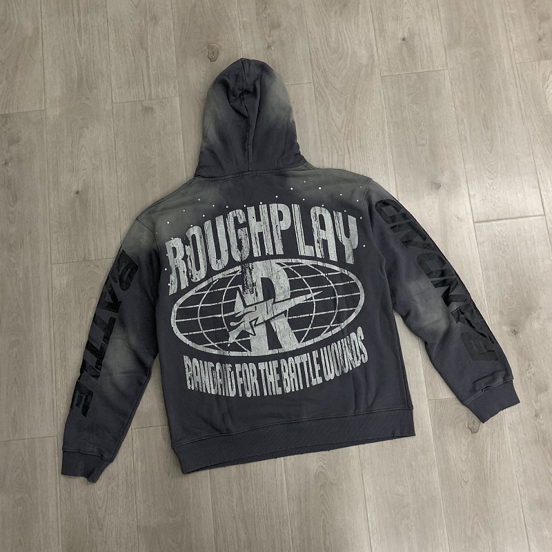 R128# P123 RoughPlay Can't Feel My Face Hoodie2026最新潮牌烫钻纯棉帽衫卫衣