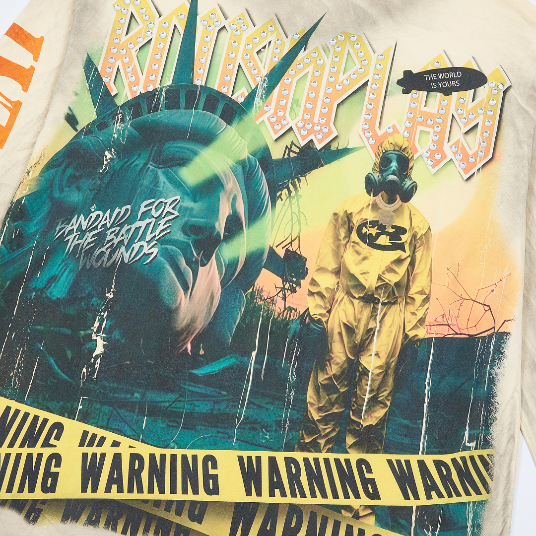 R817# P80 Rough Play Warning Long Sleeve Shirt洛杉矶最新潮牌烫钻长袖T恤