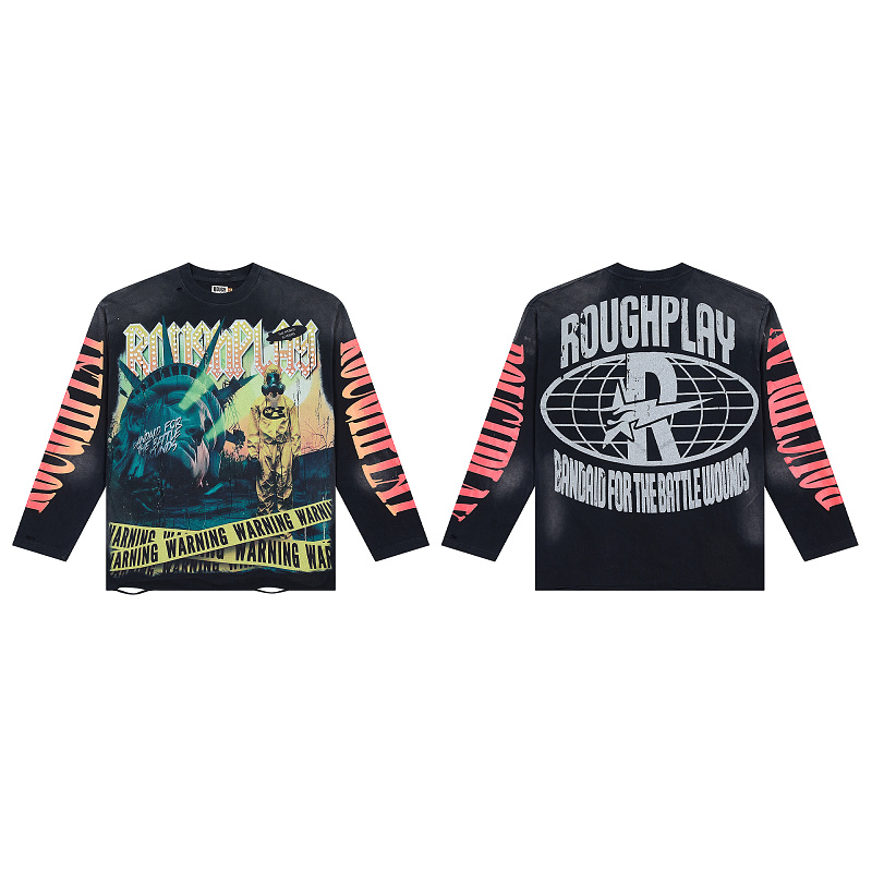 R817# P80 Rough Play Warning Long Sleeve Shirt洛杉矶最新潮牌烫钻长袖T恤