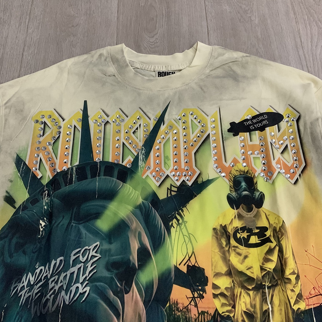R817# P80 Rough Play Warning Long Sleeve Shirt洛杉矶最新潮牌烫钻长袖T恤