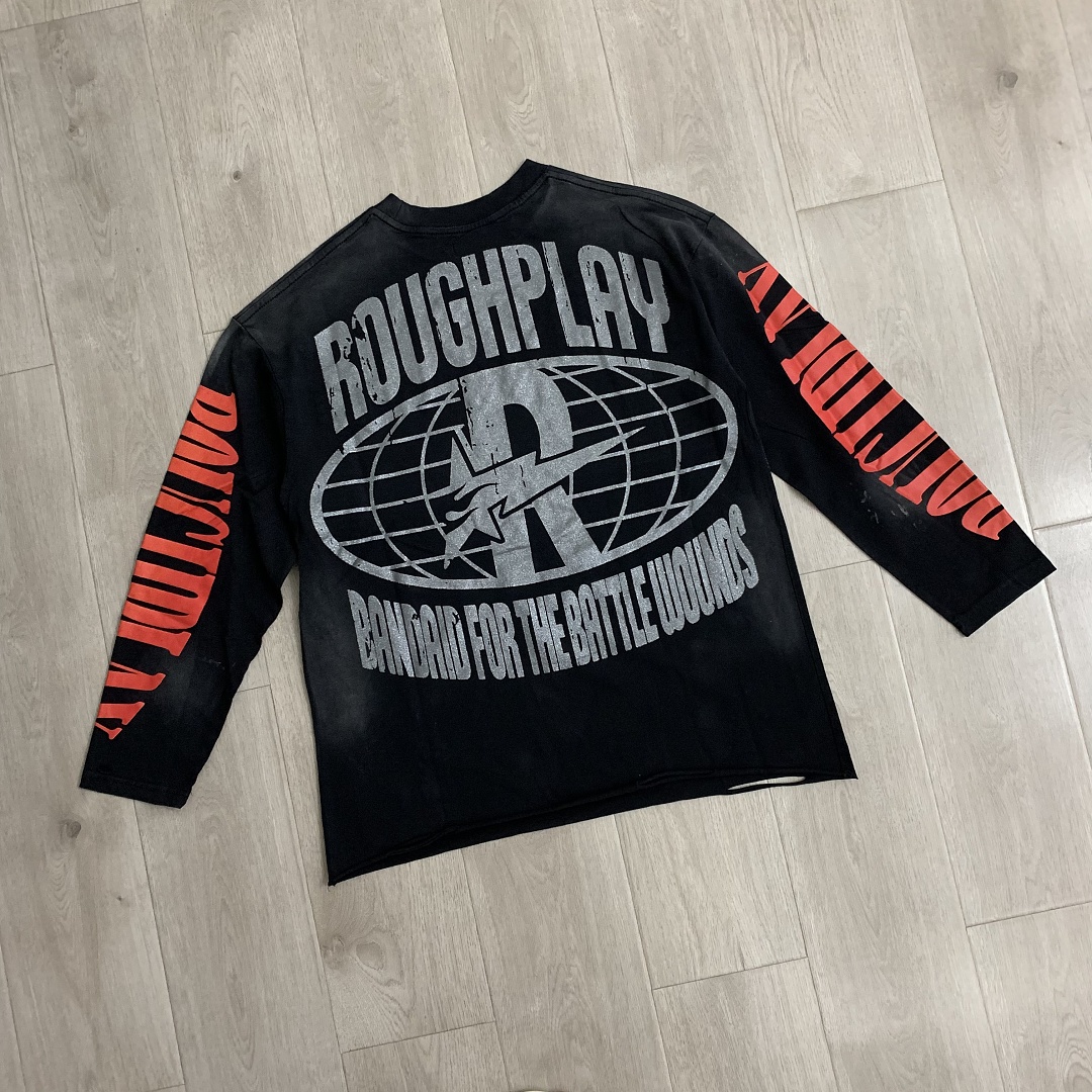 R817# P80 Rough Play Warning Long Sleeve Shirt洛杉矶最新潮牌烫钻长袖T恤