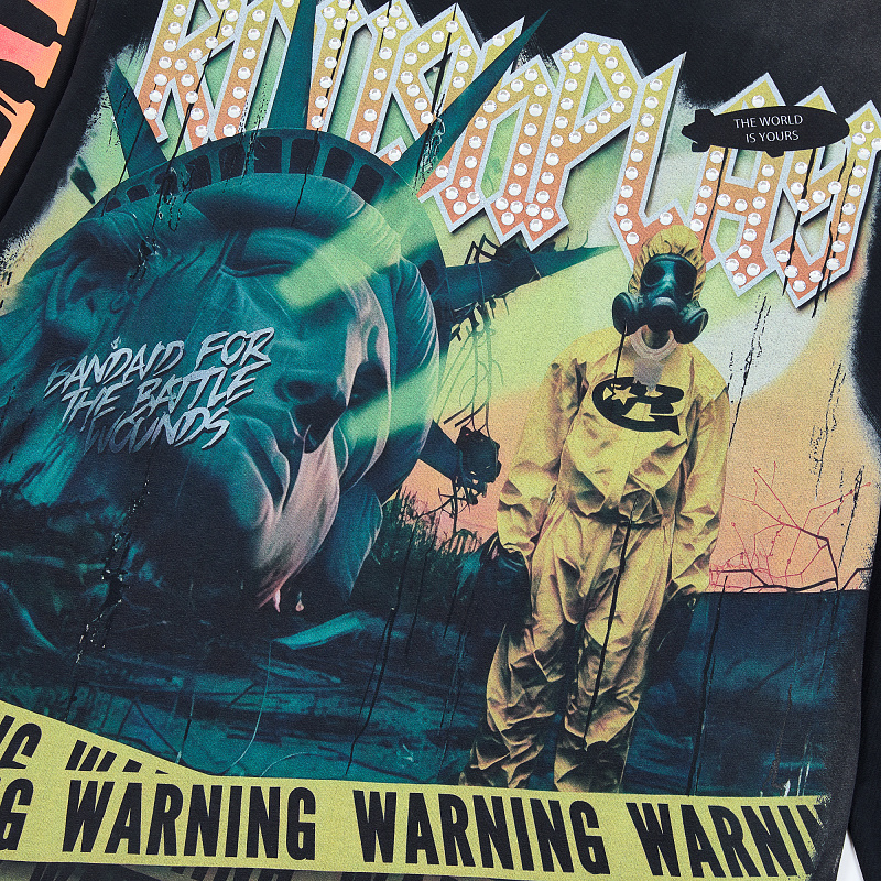 R817# P80 Rough Play Warning Long Sleeve Shirt洛杉矶最新潮牌烫钻长袖T恤