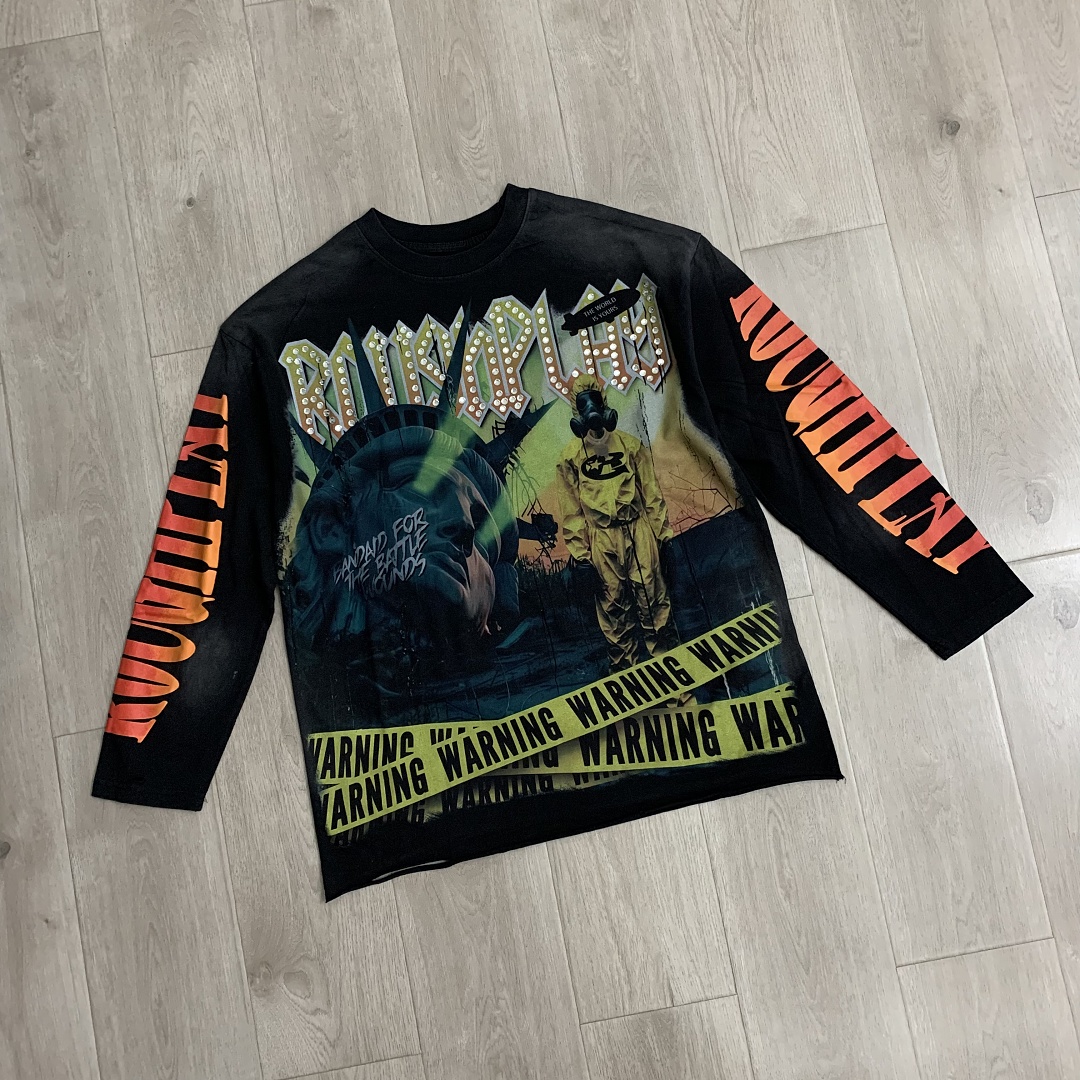 R817# P80 Rough Play Warning Long Sleeve Shirt洛杉矶最新潮牌烫钻长袖T恤