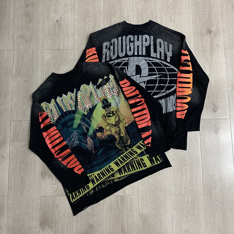 R817# P80 Rough Play Warning Long Sleeve Shirt洛杉矶最新潮牌烫钻长袖T恤