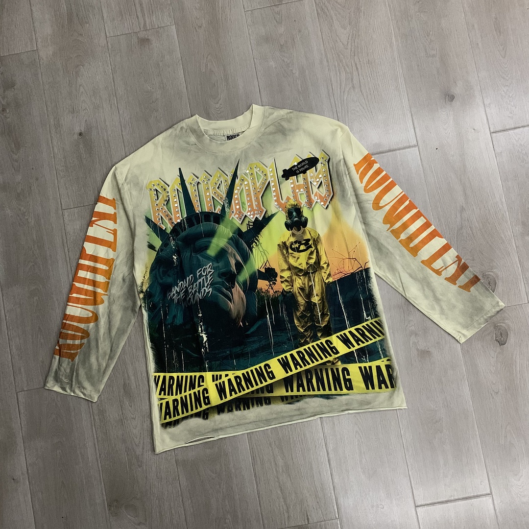 R817# P80 Rough Play Warning Long Sleeve Shirt洛杉矶最新潮牌烫钻长袖T恤