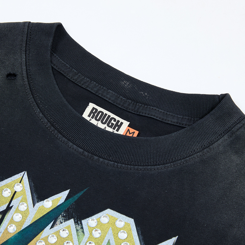 R817# P80 Rough Play Warning Long Sleeve Shirt洛杉矶最新潮牌烫钻长袖T恤