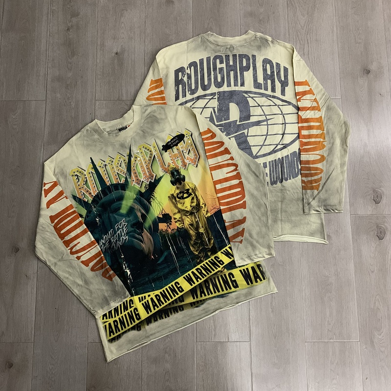 R817# P80 Rough Play Warning Long Sleeve Shirt洛杉矶最新潮牌烫钻长袖T恤