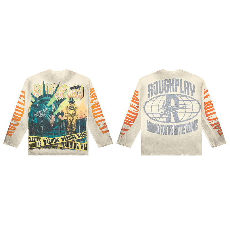 R817# P80 Rough Play Warning Long Sleeve Shirt洛杉矶最新潮牌烫钻长袖T恤