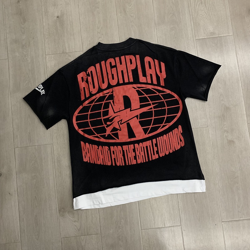 R130# P69 RoughPlay T-Shirt 2026最新欧美街头潮牌拼接烫钻短袖