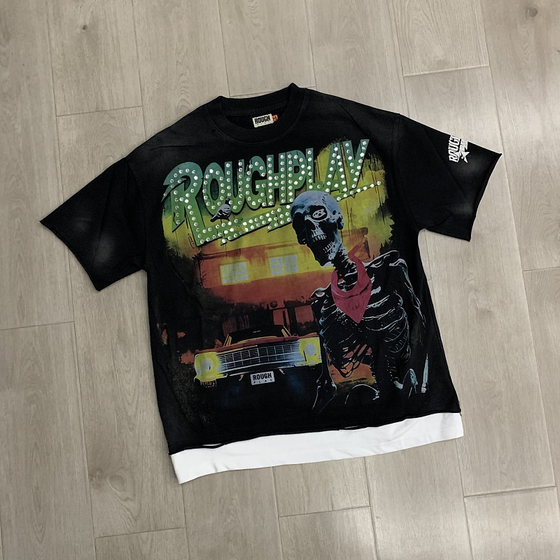 R130# P69 RoughPlay T-Shirt 2026最新欧美街头潮牌拼接烫钻短袖