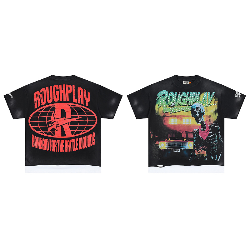 R130# P69 RoughPlay T-Shirt 2026最新欧美街头潮牌拼接烫钻短袖
