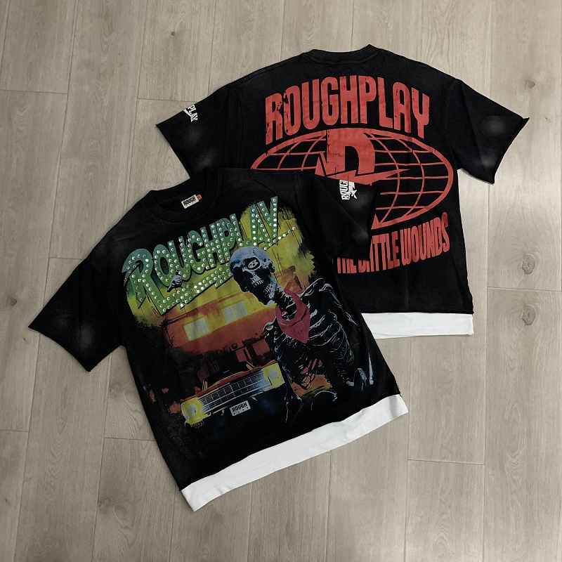 R130# P69 RoughPlay T-Shirt 2026最新欧美街头潮牌拼接烫钻短袖