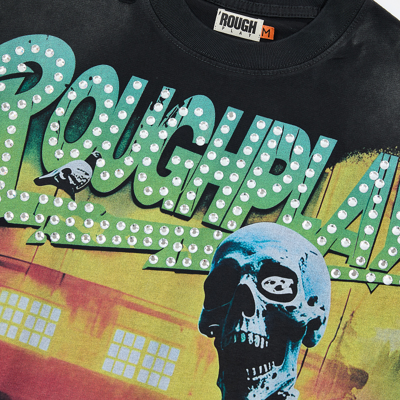 R130# P69 RoughPlay T-Shirt 2026最新欧美街头潮牌拼接烫钻短袖
