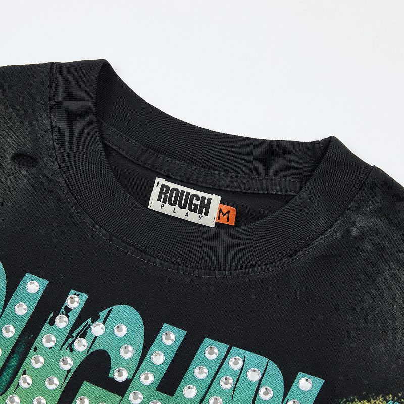 R130# P69 RoughPlay T-Shirt 2026最新欧美街头潮牌拼接烫钻短袖