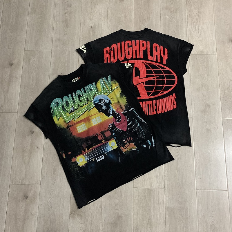 R826# P68 RoughPlay T-Shirt 2026最新欧美街头潮牌拼接烫钻短袖