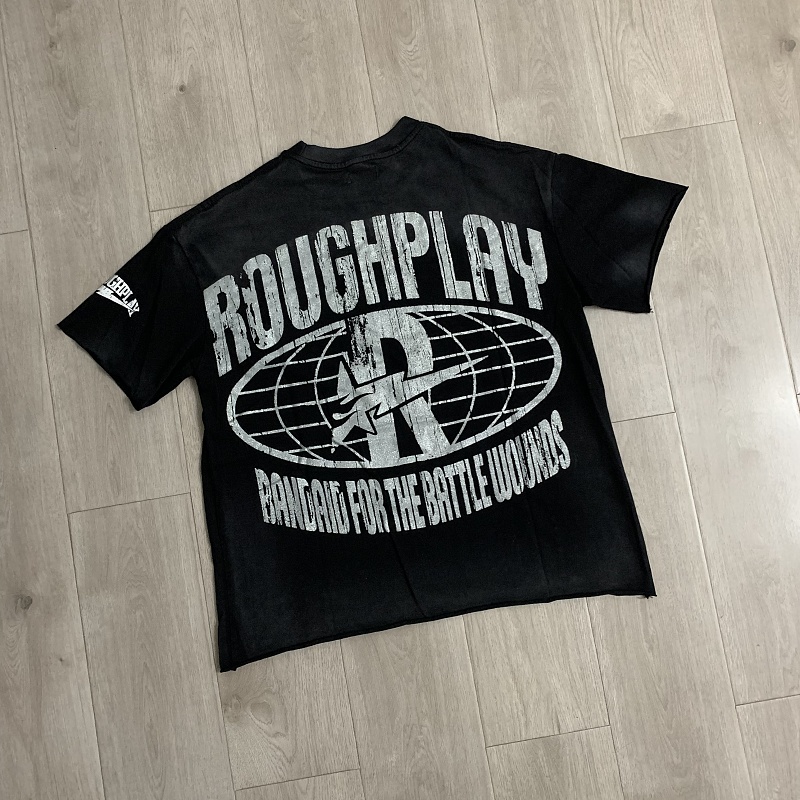 R519# P69白墨直喷 ROUGH PLAY GAS MASK T-SHIRT镶钻洗水做旧短袖T恤