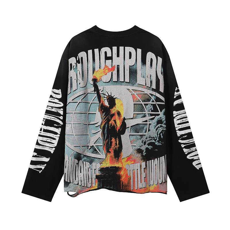 编号R528，批85，RoughPlay NYC Longsleeve烫钻设计自由女神印花