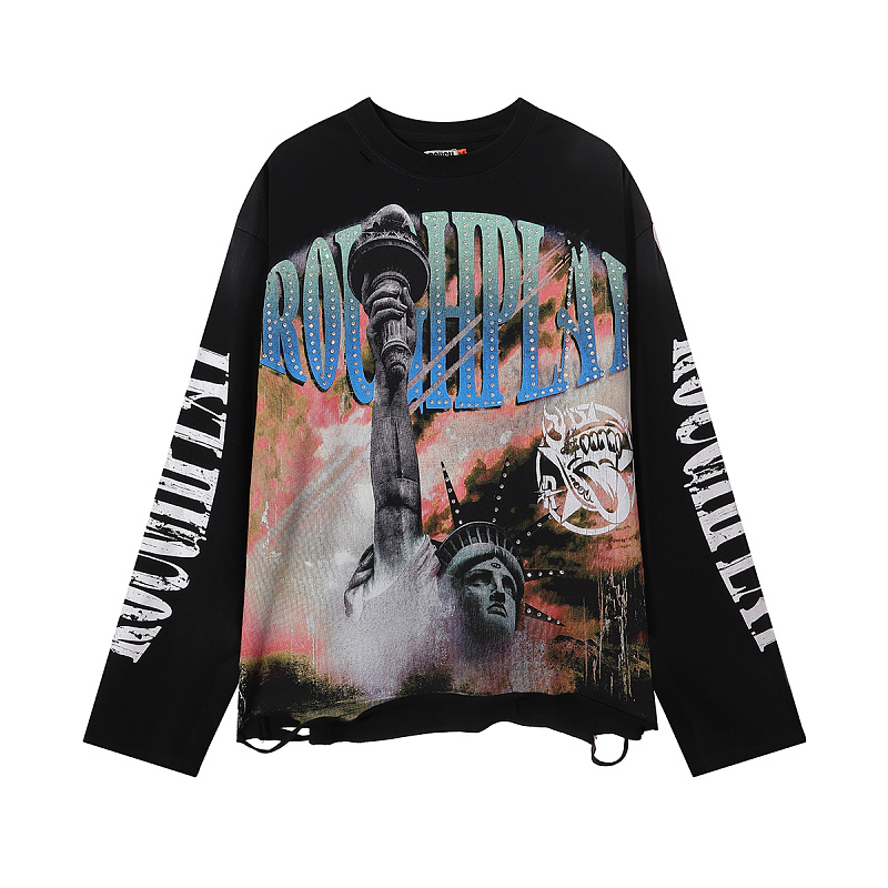 编号R528，批85，RoughPlay NYC Longsleeve烫钻设计自由女神印花