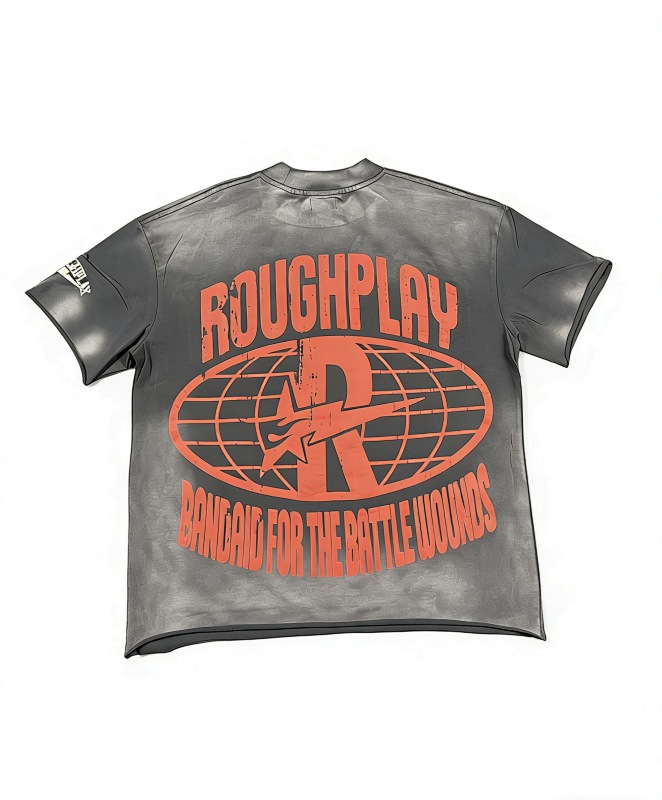 编号515    批67  RoughPlay Champion T-Shirt 2026美国洛杉矶最新街头潮牌白墨直喷烫钻洗水做旧短袖T恤 码数：S  M  L  XL