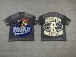 编号511    批67   RoughPlay Champion T-Shirt 2026美国洛杉矶最新街头潮牌白墨直喷烫钻洗水做旧短袖T恤 码数：S  M  L  XL