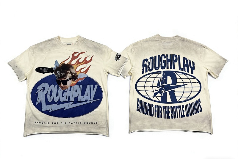 编号511    批67   RoughPlay Champion T-Shirt 2026美国洛杉矶最新街头潮牌白墨直喷烫钻洗水做旧短袖T恤 码数：S  M  L  XL
