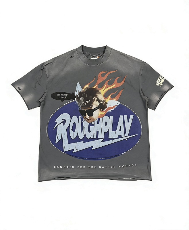编号511    批67   RoughPlay Champion T-Shirt 2026美国洛杉矶最新街头潮牌白墨直喷烫钻洗水做旧短袖T恤 码数：S  M  L  XL
