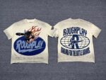 编号511    批67   RoughPlay Champion T-Shirt 2026美国洛杉矶最新街头潮牌白墨直喷烫钻洗水做旧短袖T恤 码数：S  M  L  XL