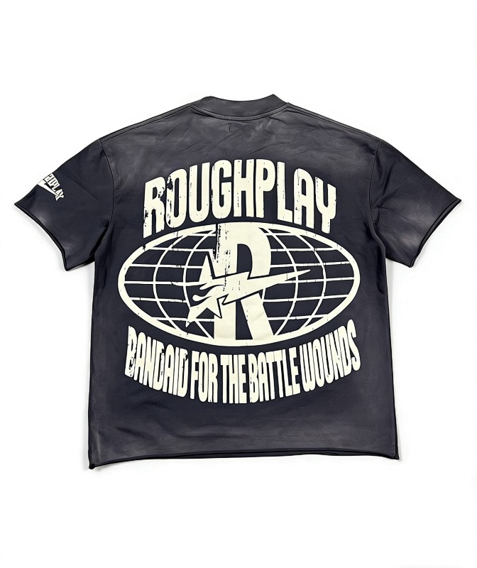 编号511    批67   RoughPlay Champion T-Shirt 2026美国洛杉矶最新街头潮牌白墨直喷烫钻洗水做旧短袖T恤 码数：S  M  L  XL