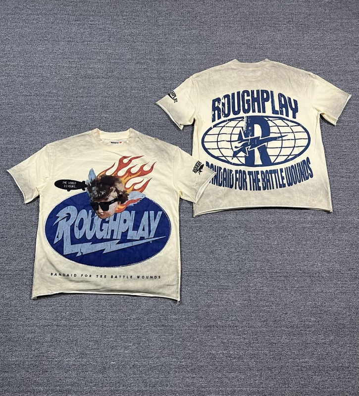 编号511    批67   RoughPlay Champion T-Shirt 2026美国洛杉矶最新街头潮牌白墨直喷烫钻洗水做旧短袖T恤 码数：S  M  L  XL