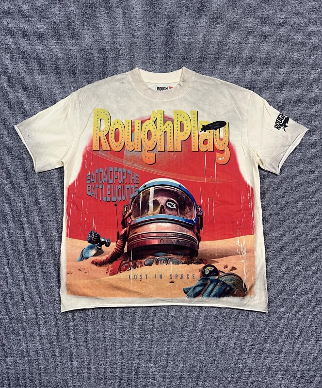 编号506    批67   RoughPlay Champion T-Shirt 2026美国洛杉矶最新街头潮牌白墨直喷烫钻洗水做旧短袖T恤 码数：S  M  L  XL