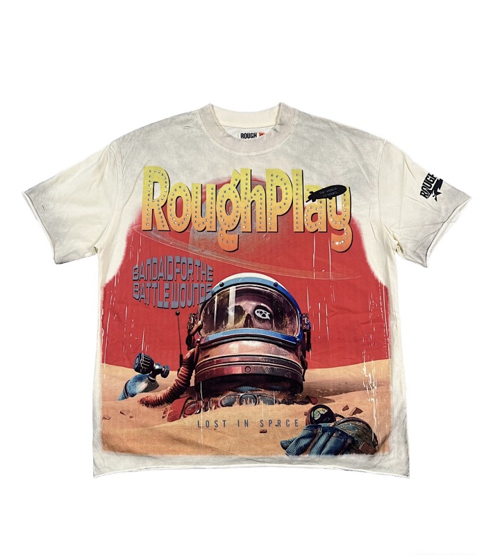 编号506    批67   RoughPlay Champion T-Shirt 2026美国洛杉矶最新街头潮牌白墨直喷烫钻洗水做旧短袖T恤 码数：S  M  L  XL
