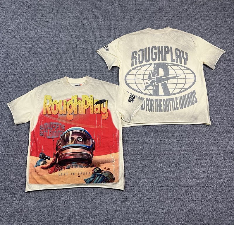 编号506    批67   RoughPlay Champion T-Shirt 2026美国洛杉矶最新街头潮牌白墨直喷烫钻洗水做旧短袖T恤 码数：S  M  L  XL