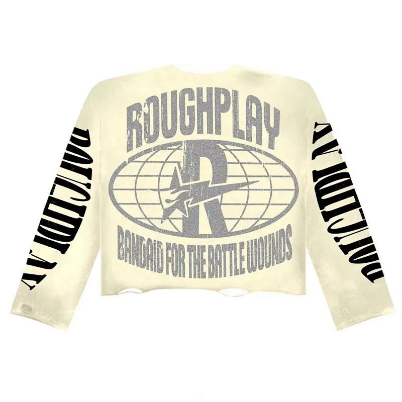 R523P80，RoughPlay Lost In Space烫钻破洞洗水做旧长袖T恤男