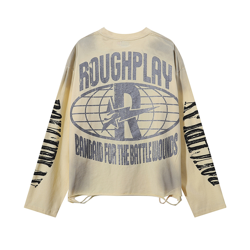 R523P80，RoughPlay Lost In Space烫钻破洞洗水做旧长袖T恤男